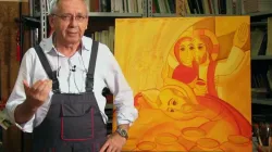 Fr. Marko Ivan Rupnik, S.J., with the official image of the 10th World Meeting of Families in Rome. Screenshot from Diocesi di Roma YouTube channel.